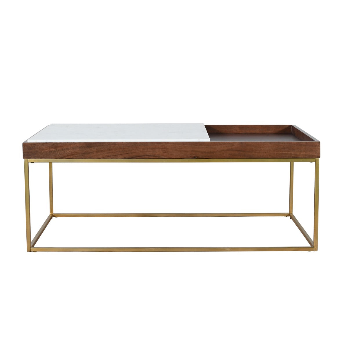 45" White Marble and Walnut Wood Coffee Table