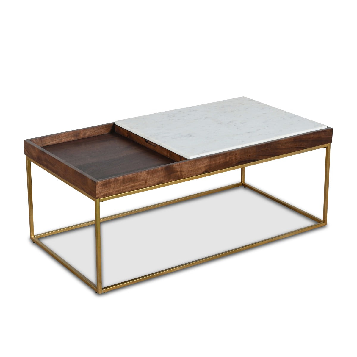 45" White Marble and Walnut Wood Coffee Table