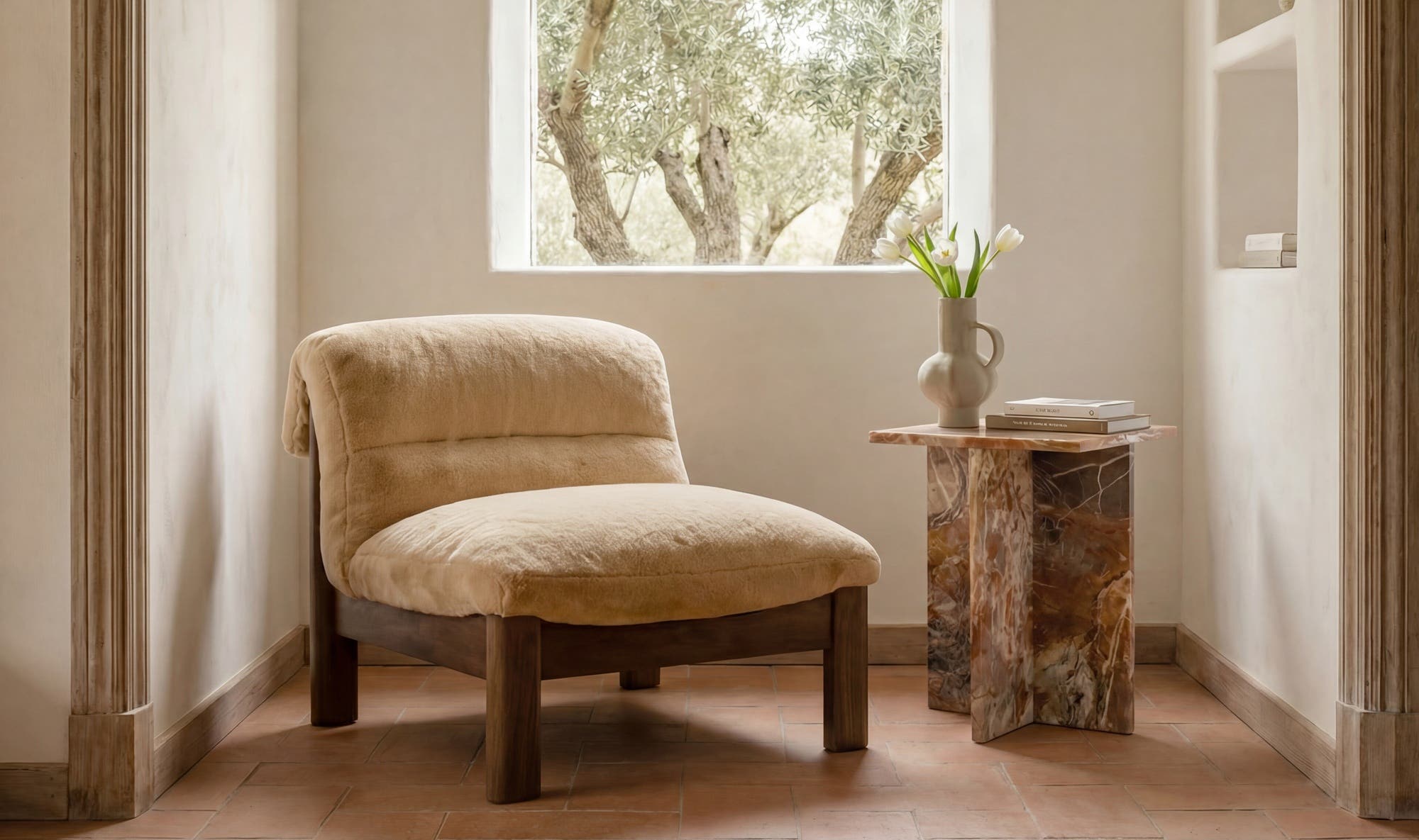 29" Beige Faux Fur Upholstered Accent Chair
