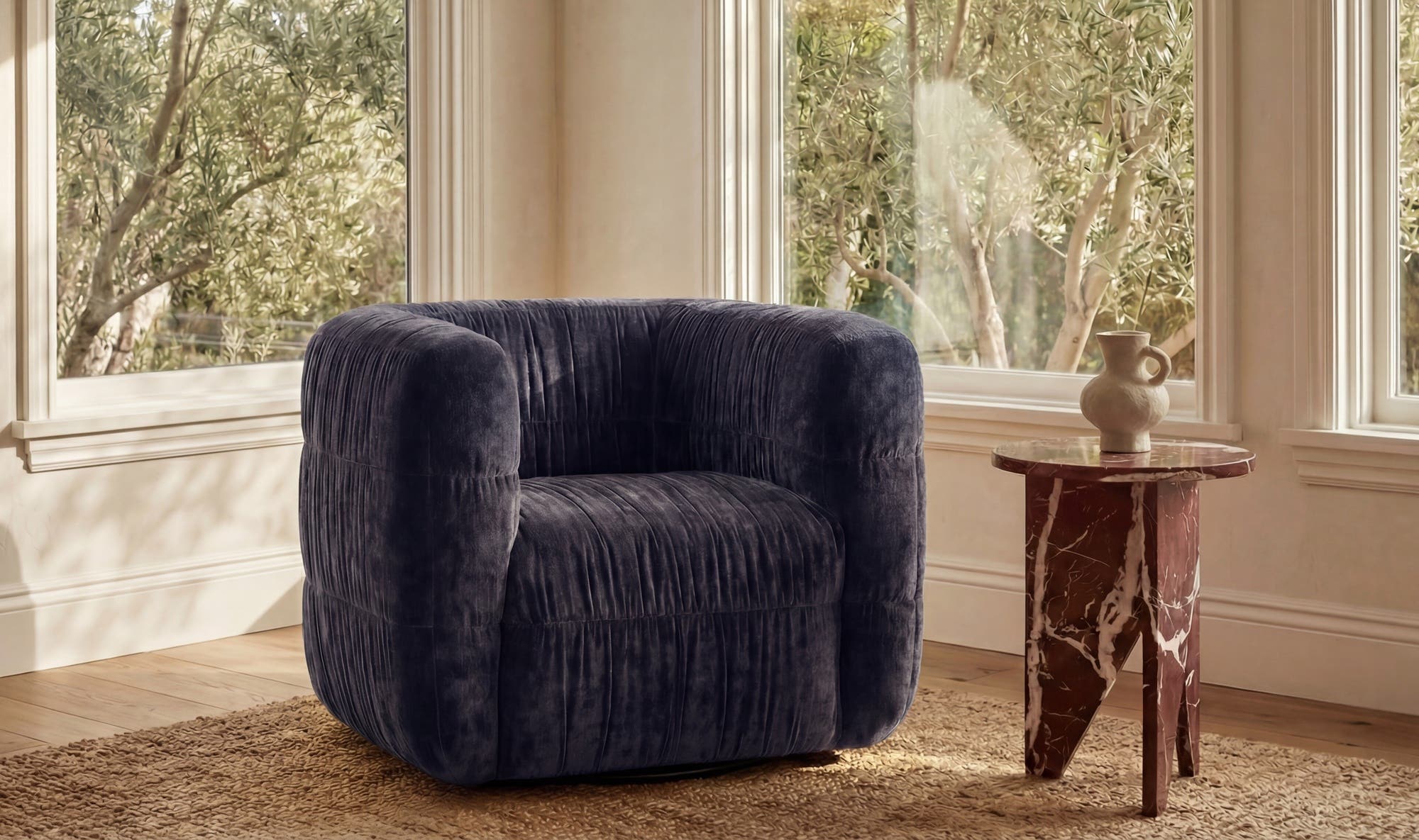 35" Navy Upholstered Swivel Accent Chair