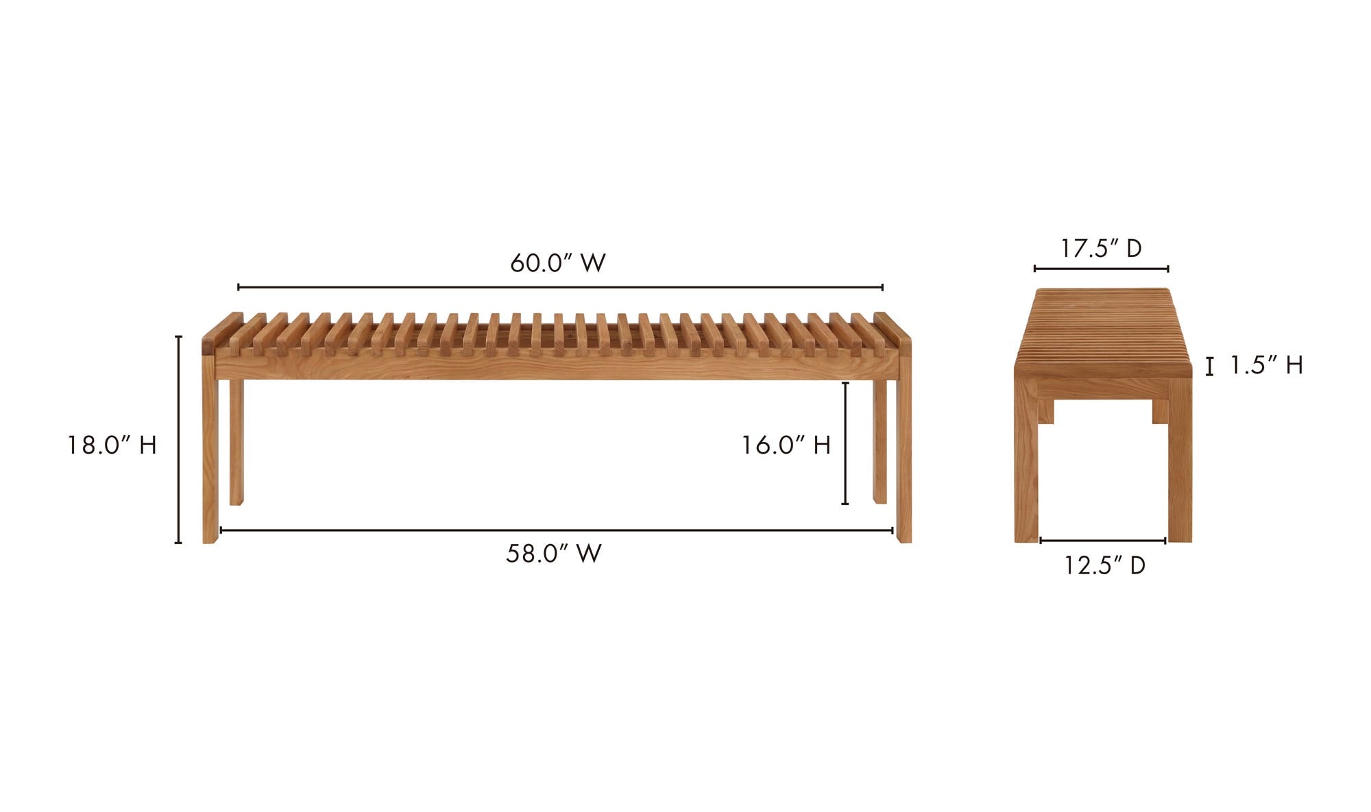 60" Natural Solid Oak Bench