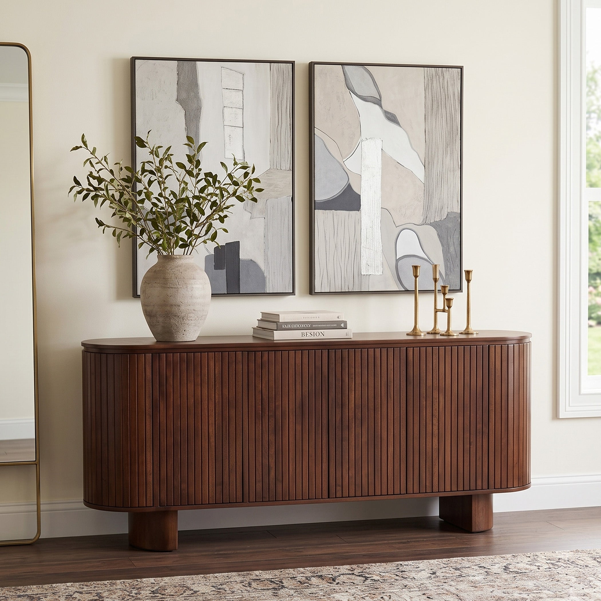 79" Aged Mahogany Fluted Wood Sideboard