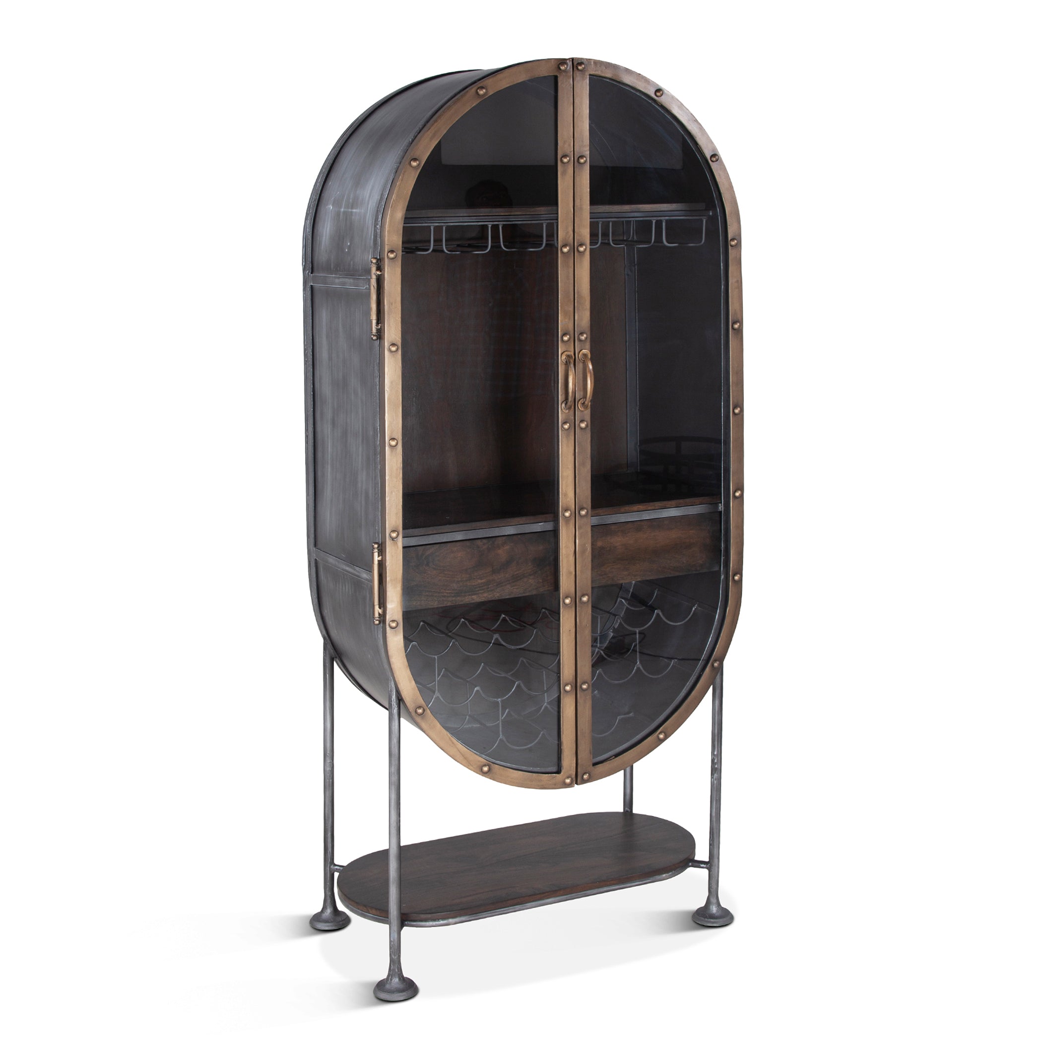 34" Dark Brown Oval Bar Cabinet