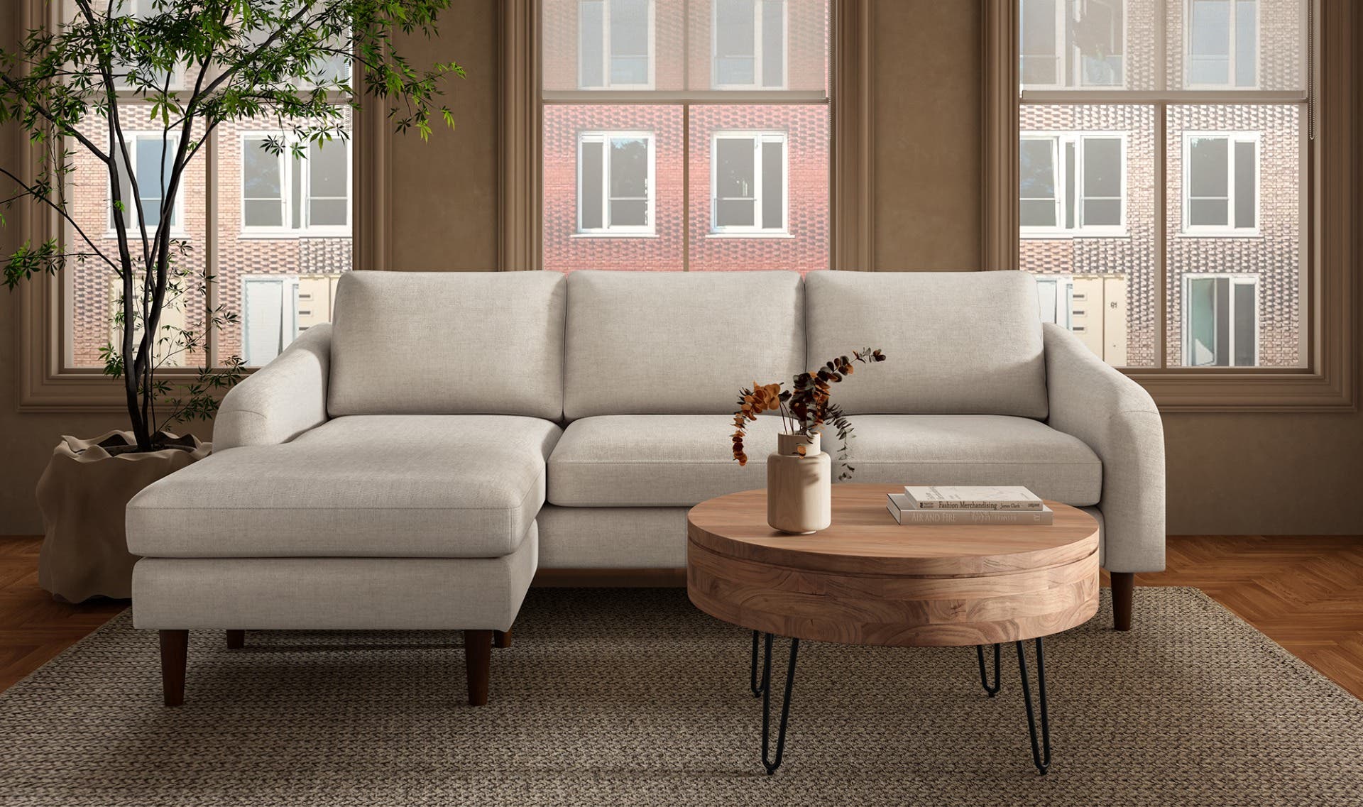 98" Oatmeal Upholstered Sectional