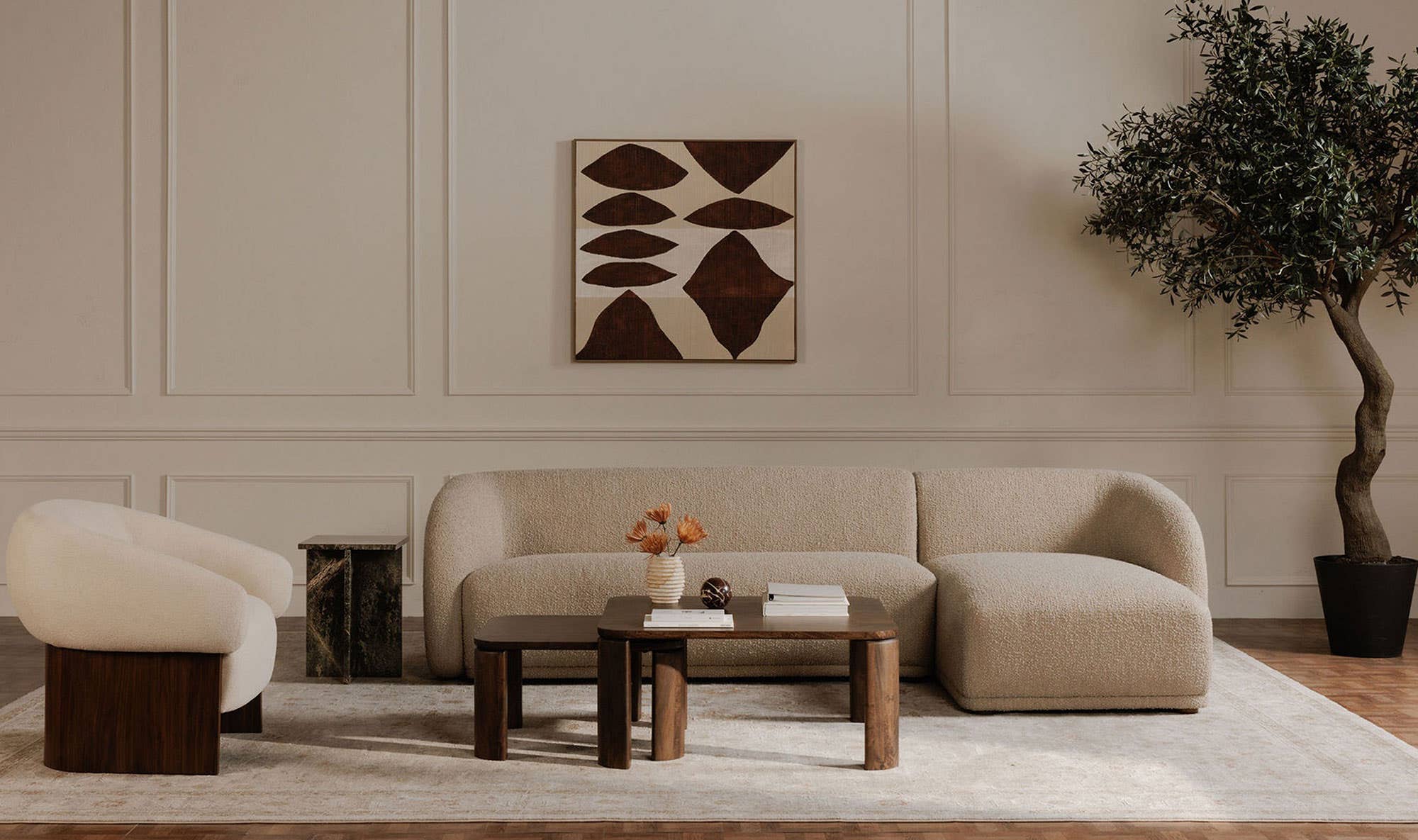 113.75" Beige Boucle Right Facing Sectional