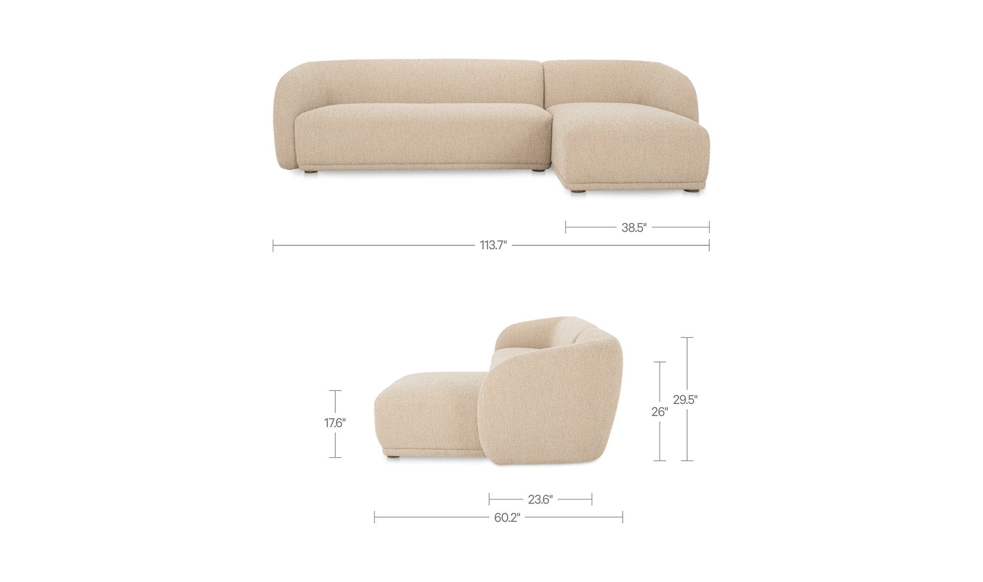 113.75" Beige Boucle Right Facing Sectional