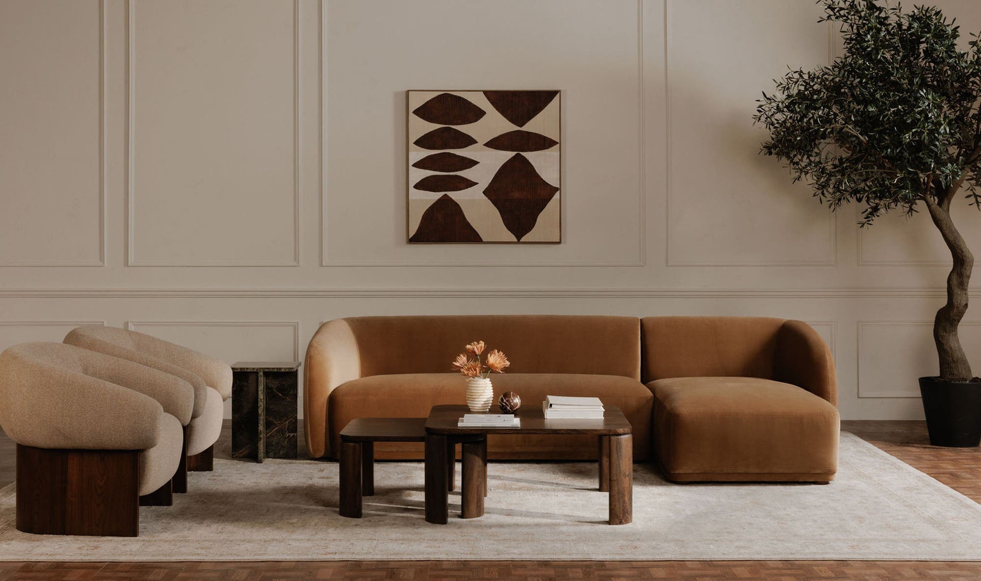 113.75" Tan Faux Mohair Upholstered Left Facing Sectional