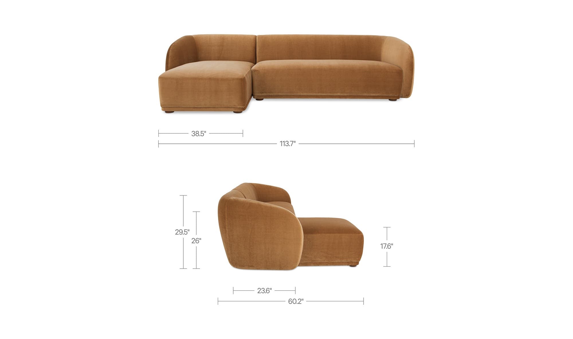 113.75" Tan Faux Mohair Upholstered Left Facing Sectional