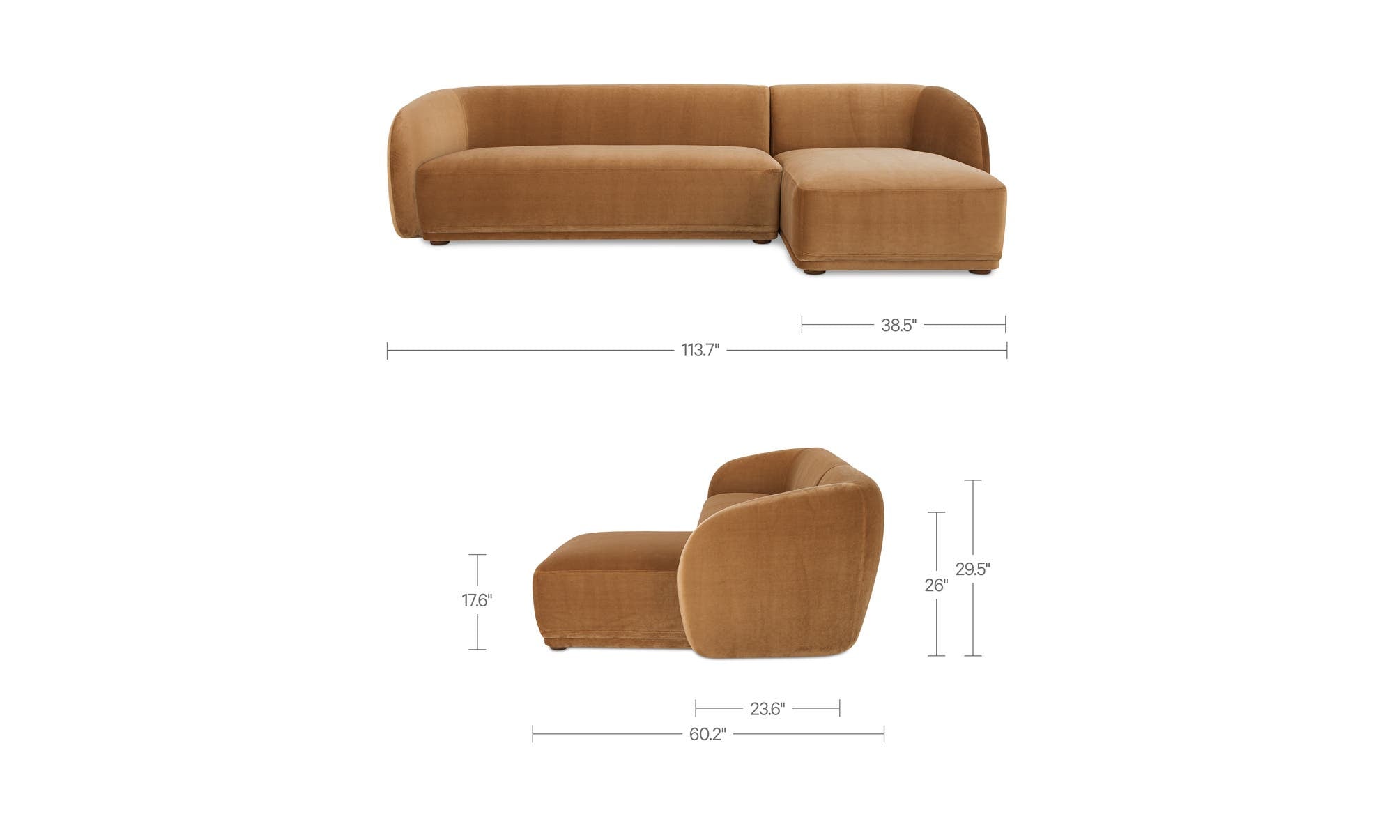 113.75" Tan Faux Mohair Upholstered Right Facing Sectional