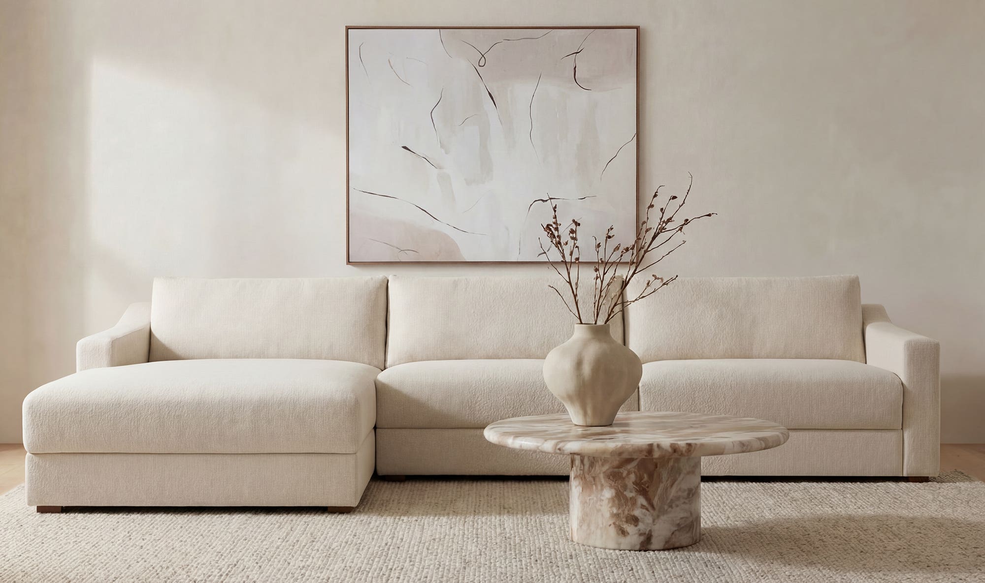 130.5" Flecked Oat Upholstered Left Facing Sectional
