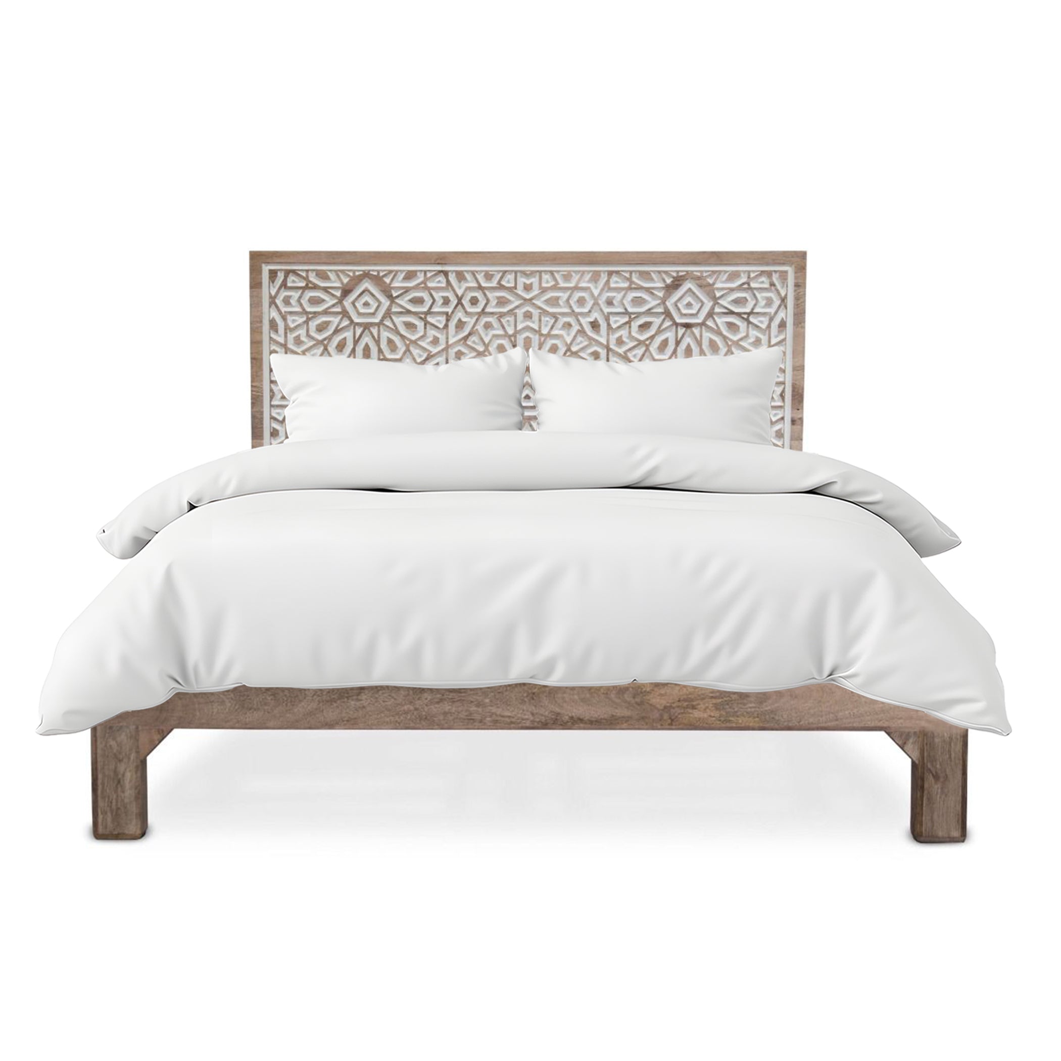 66" Carved Natural White Queen Size Bed