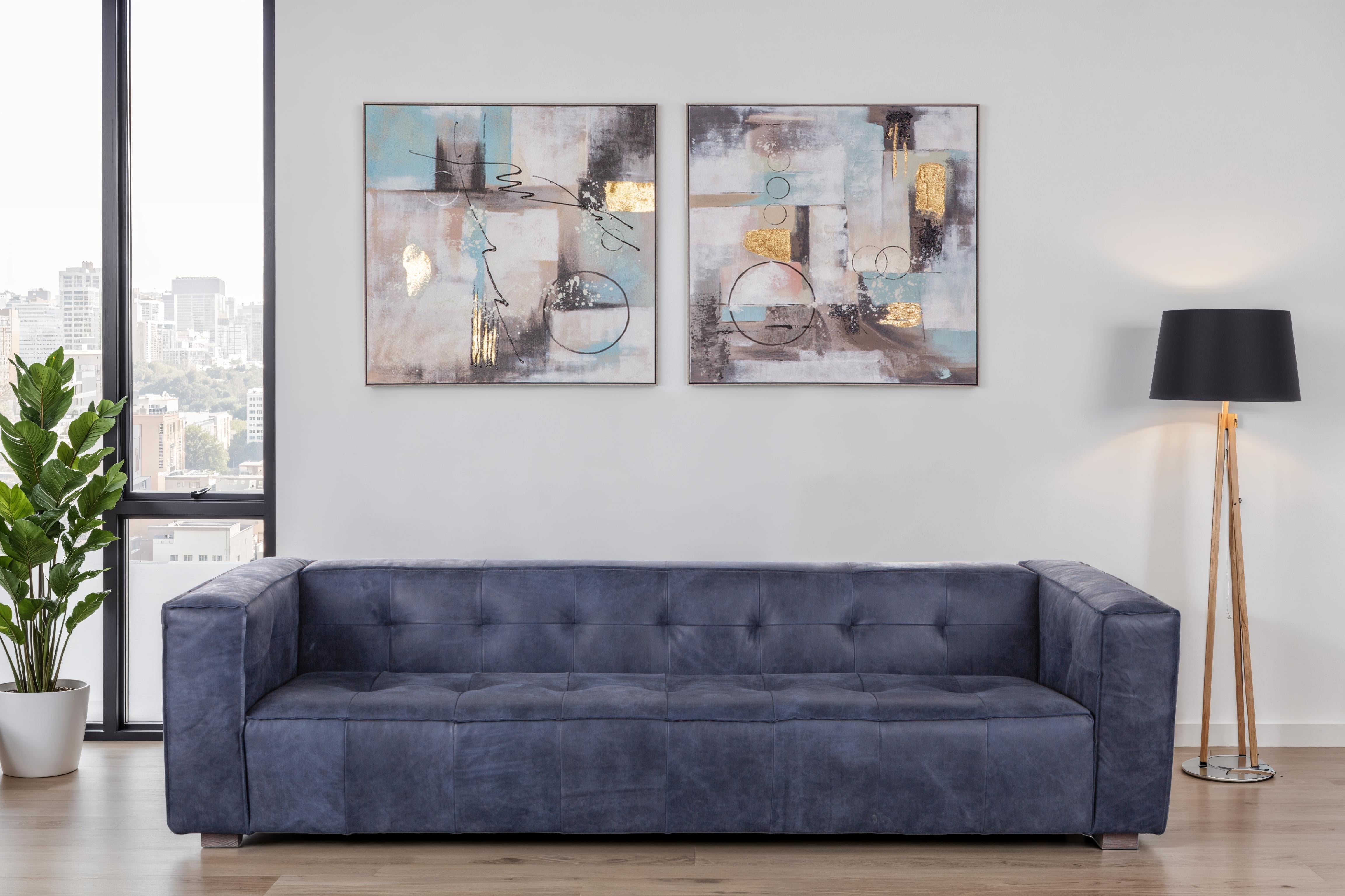 106" Italian Blue Leather Sofa