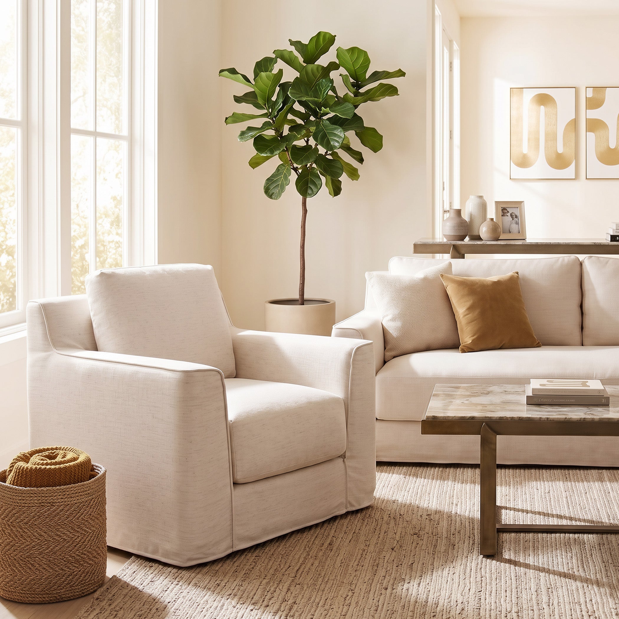 37" White Linen Slipcovered Accent Chair