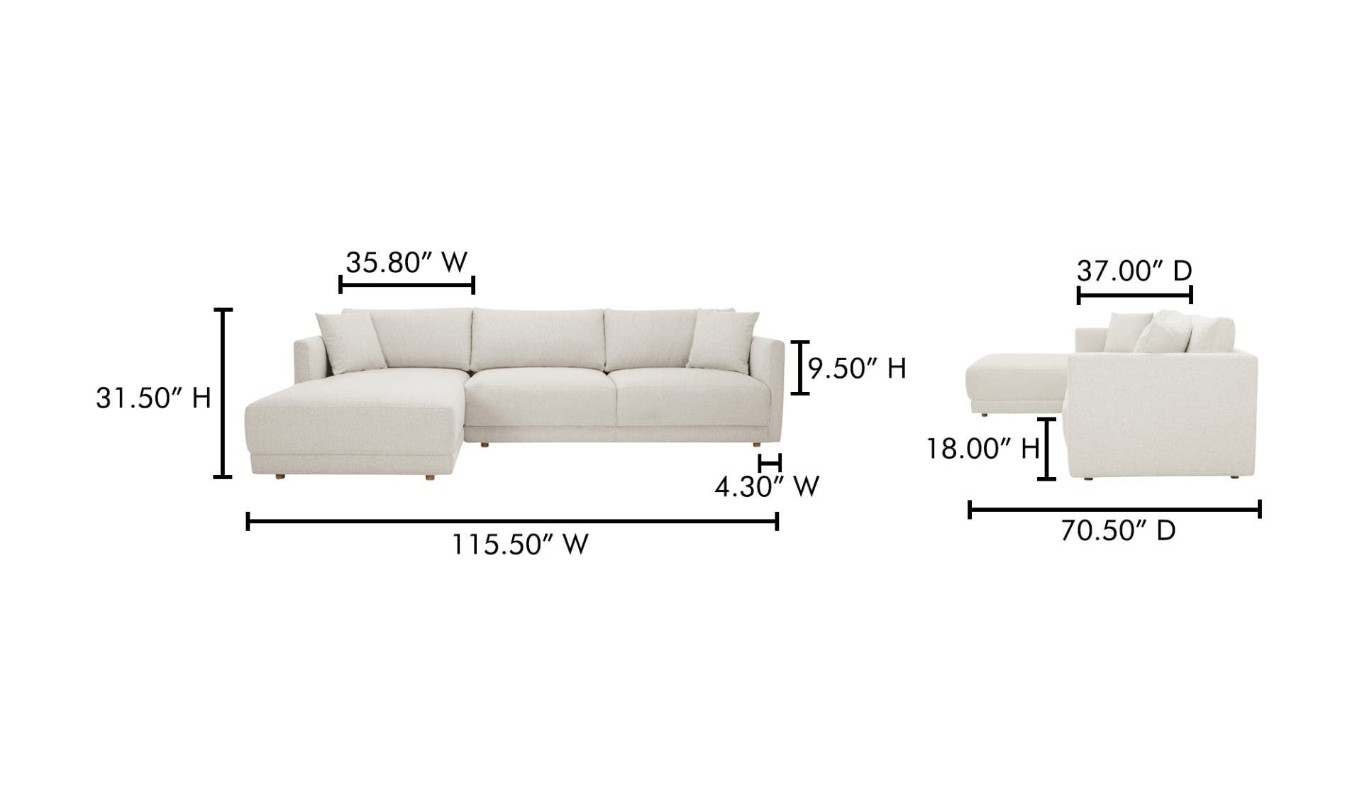 115.5" Oyster Upholstered Left Facing Sectional