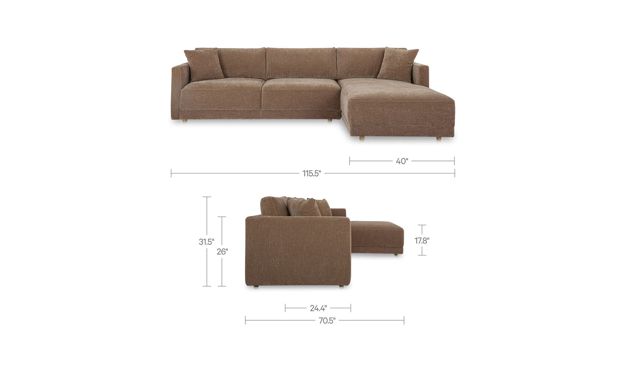 115.5" Camel Upholstered Right Facing Sectional