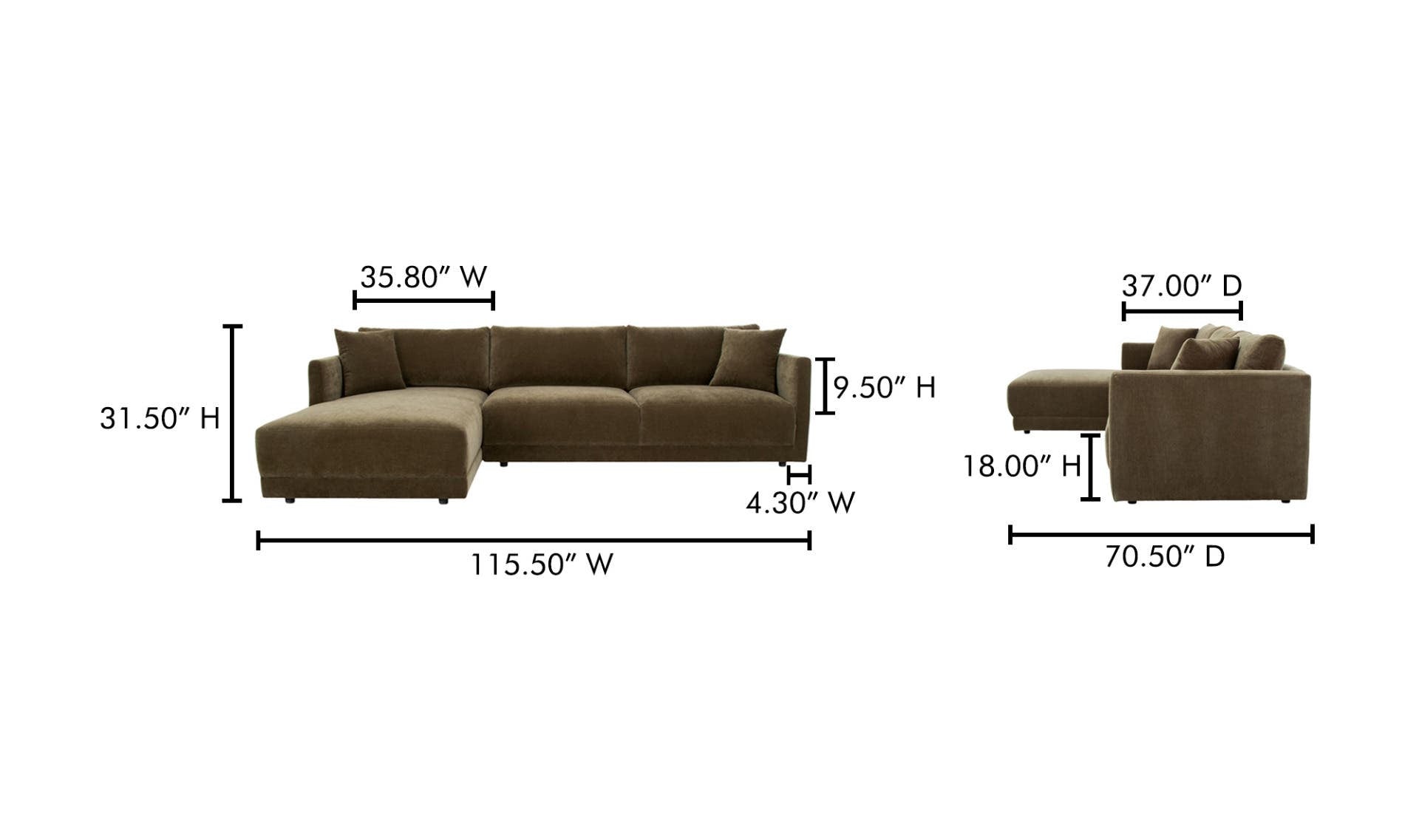 115.5" Green Upholstered Left Facing Sectional