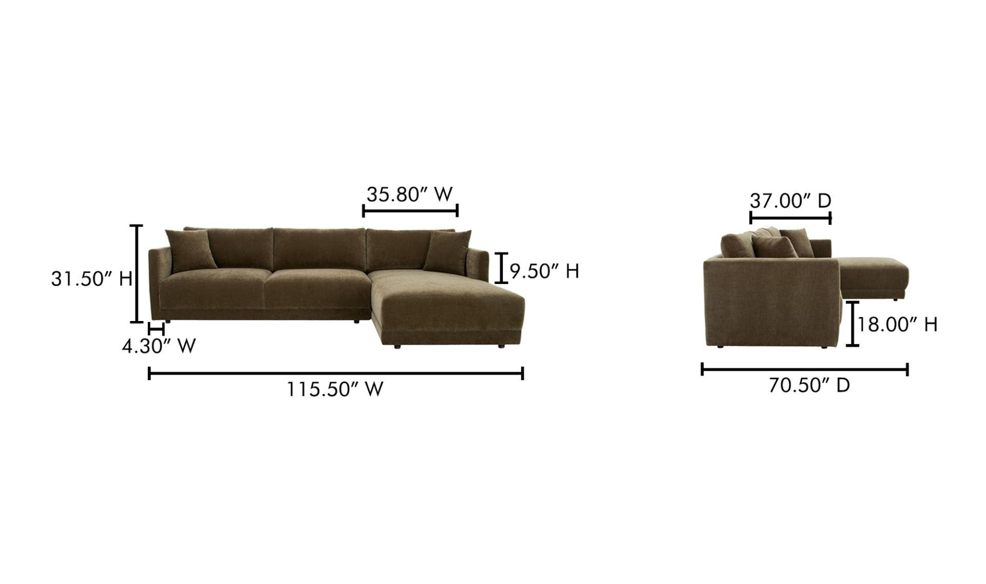 115.5" Green Upholstered Right Facing Sectional