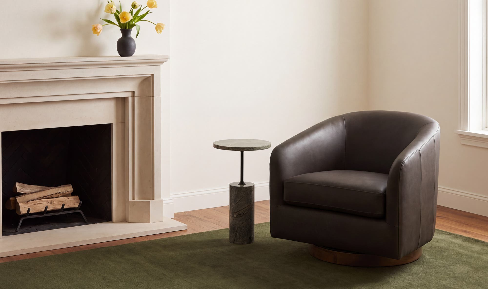 31.1" Taupe Leather Swivel Accent Chair