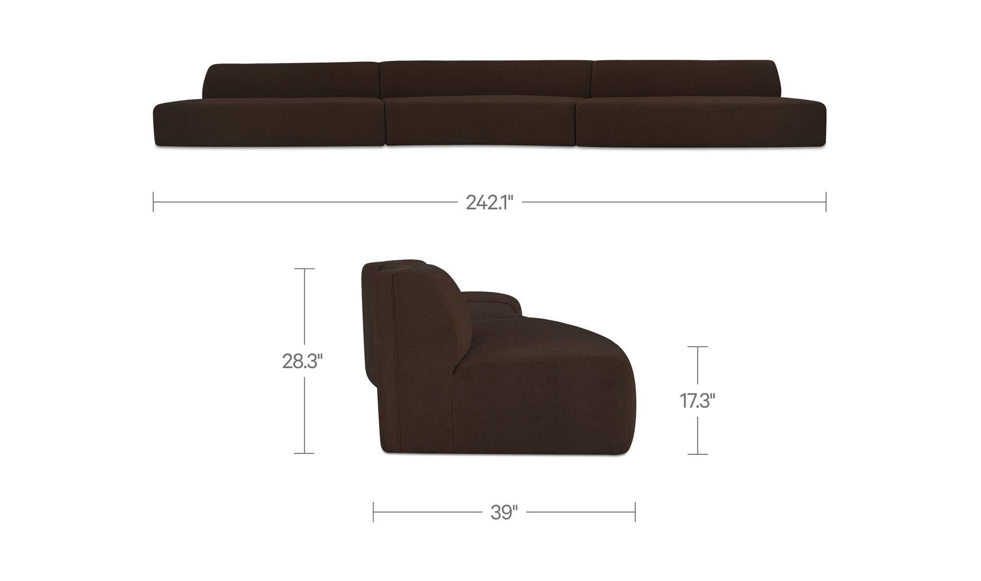 242.1" Dark Brown Upholstered 3 Piece Wave Modular Sectional