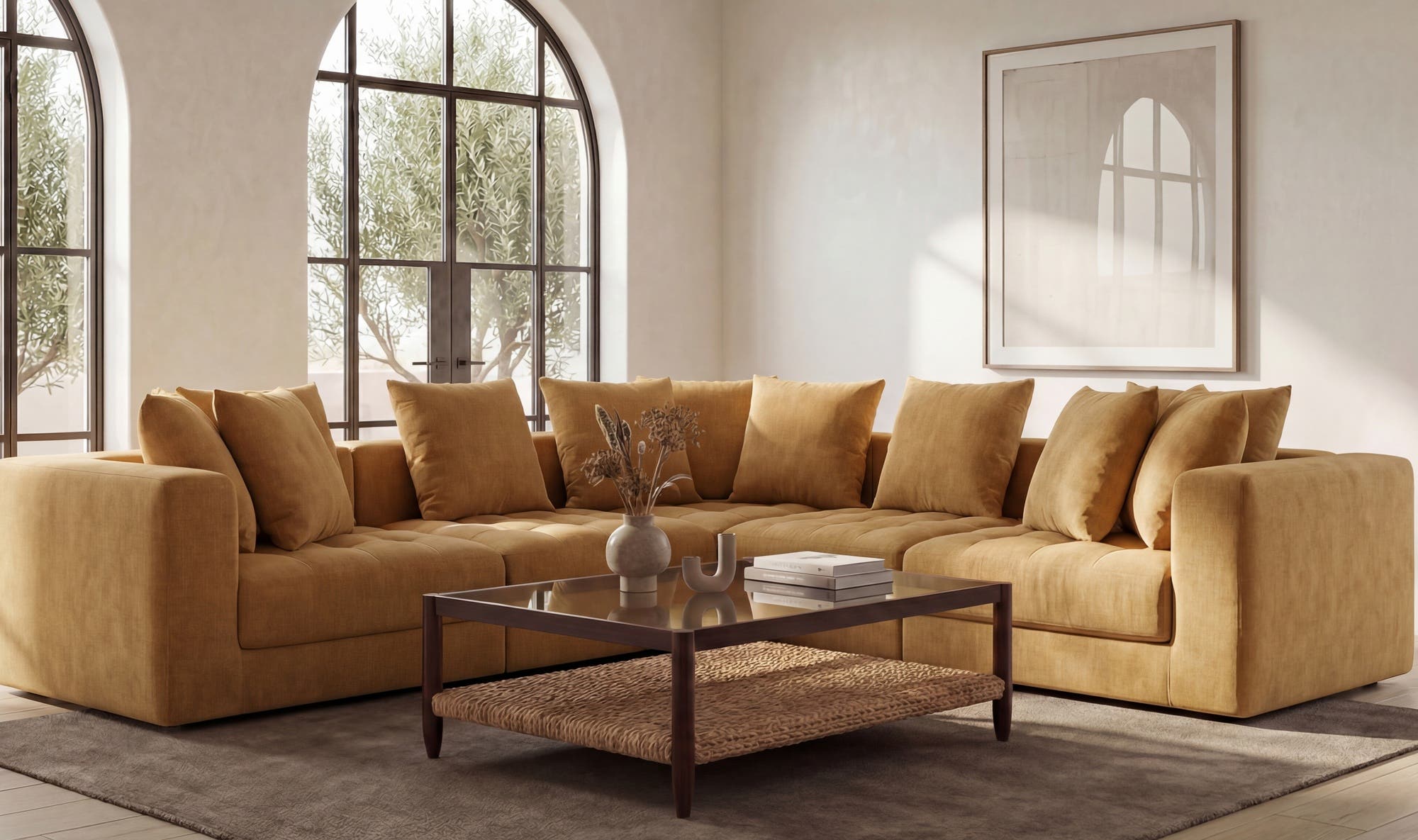 43.5" Golden Yellow Upholstered Corner Chair