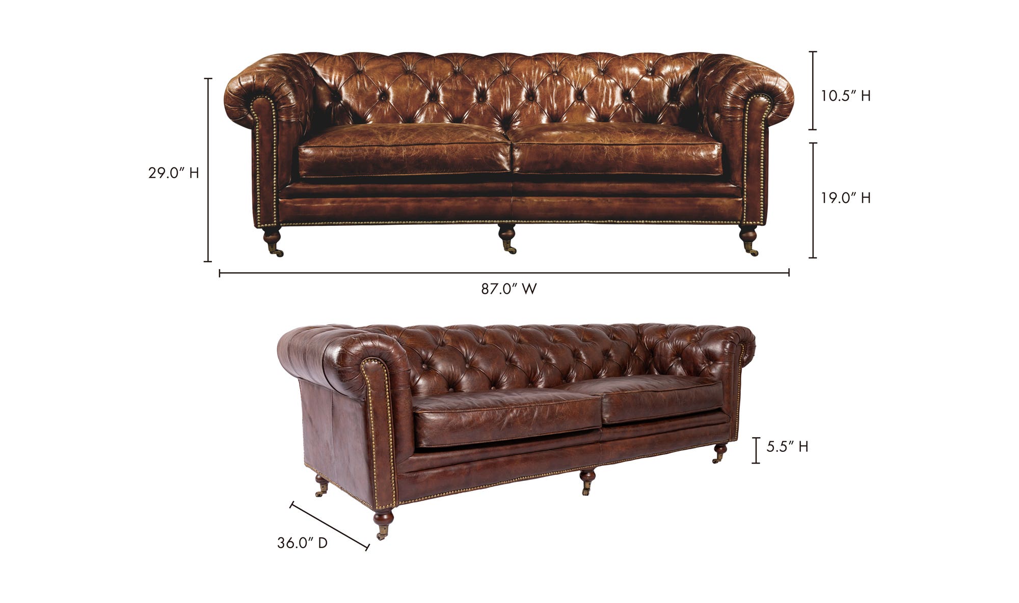 87" Dark Brown Leather Sofa