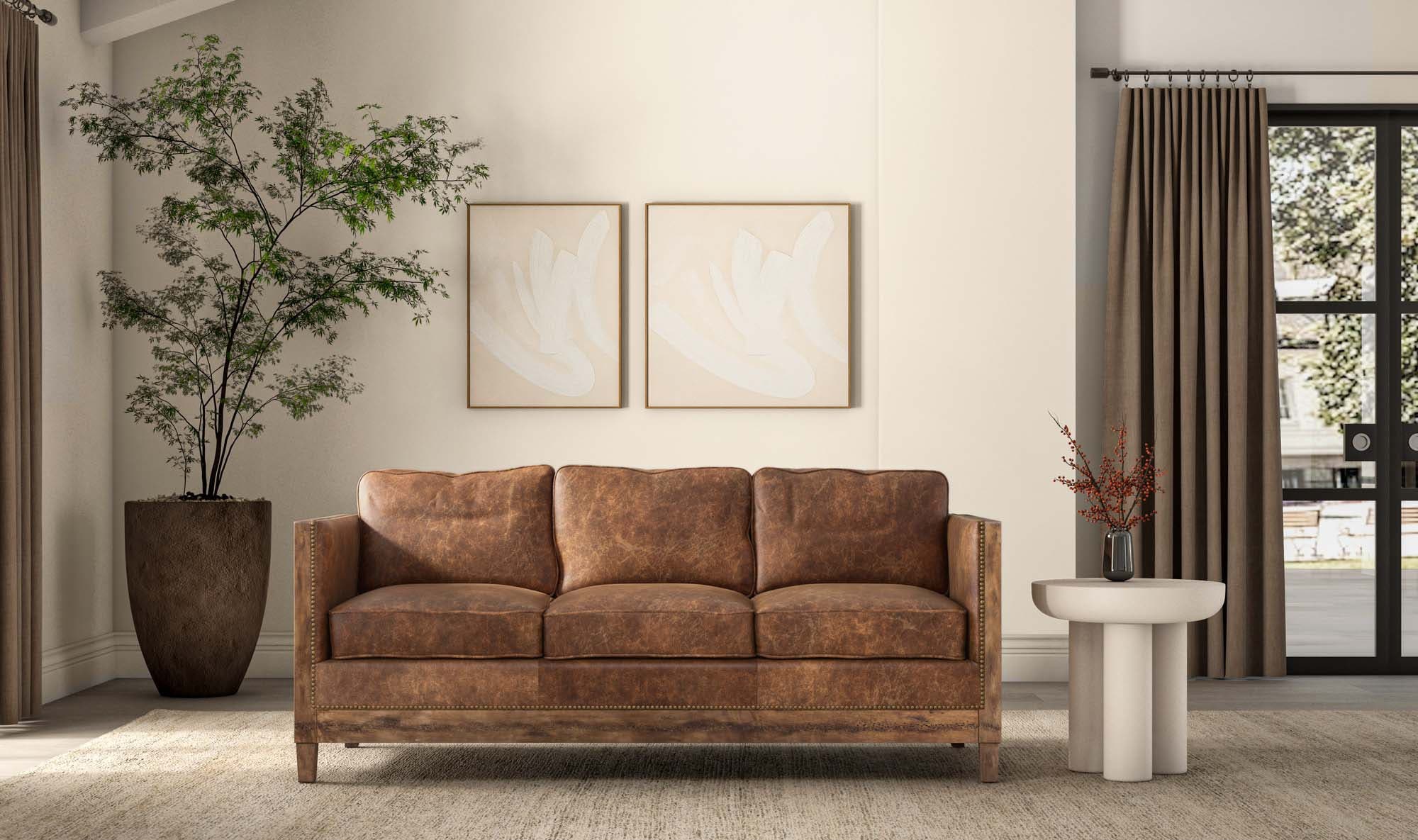 72" Light Brown Leather Sofa