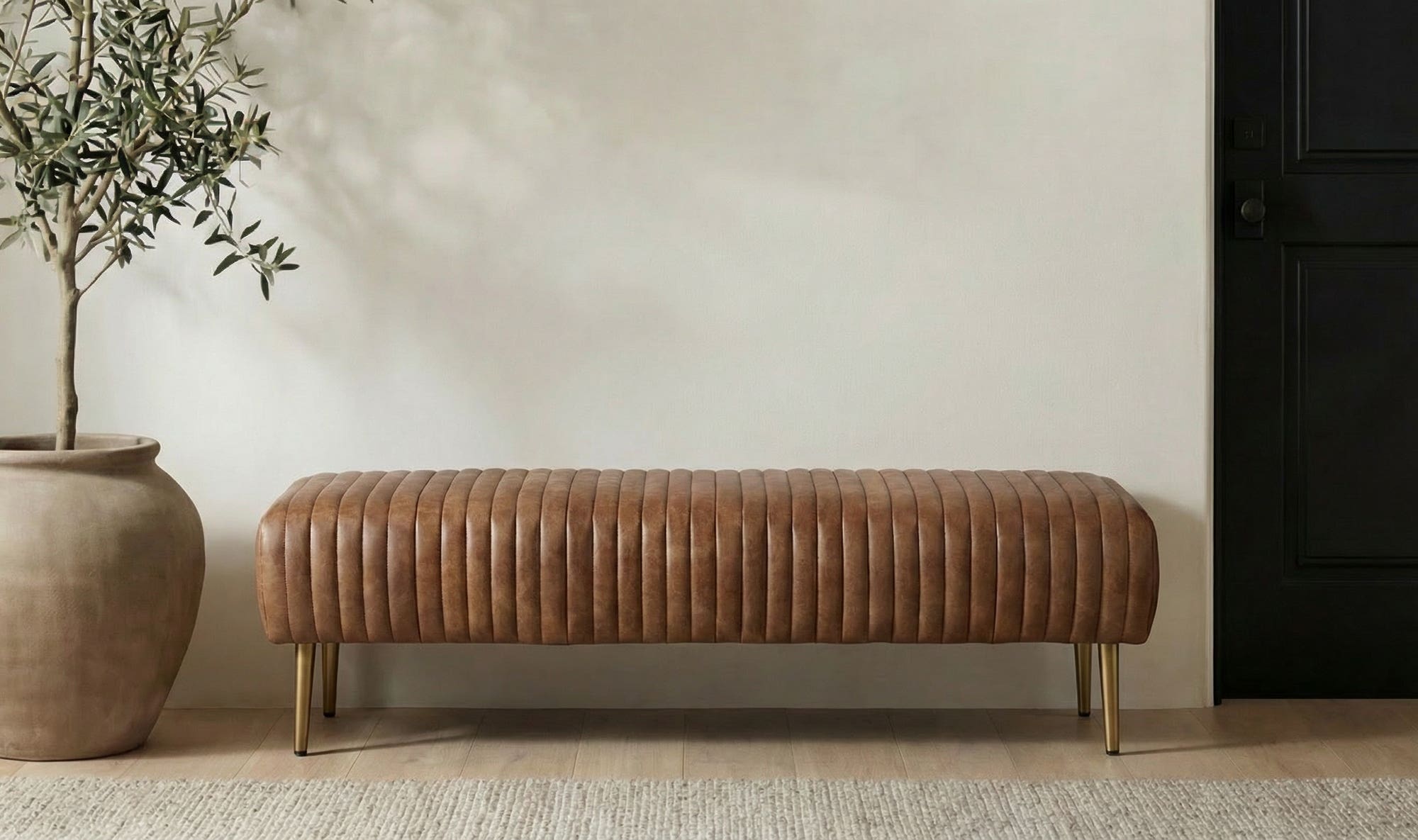 59" Brown Leather Bench