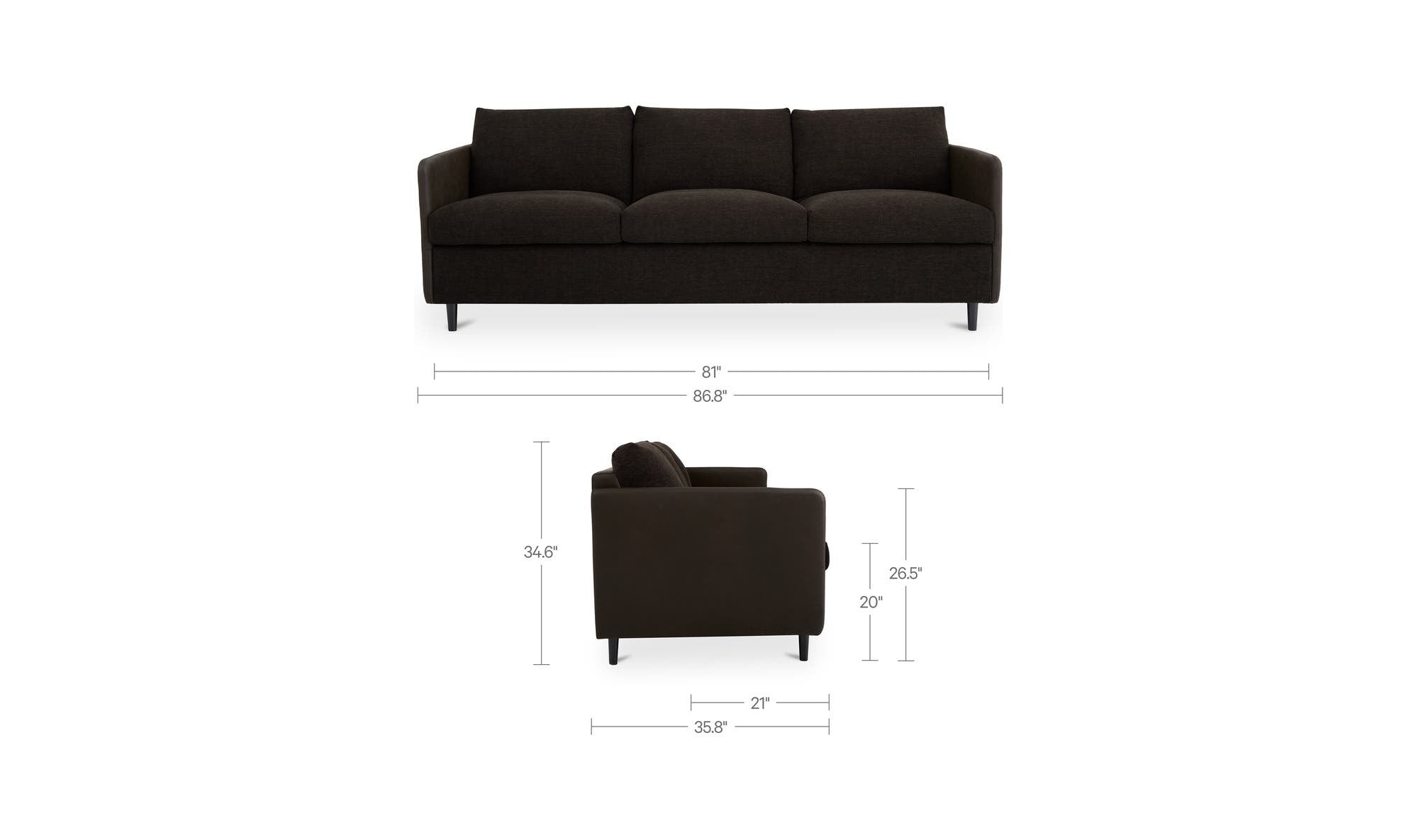 86.8" Warm Black Leather Sofa