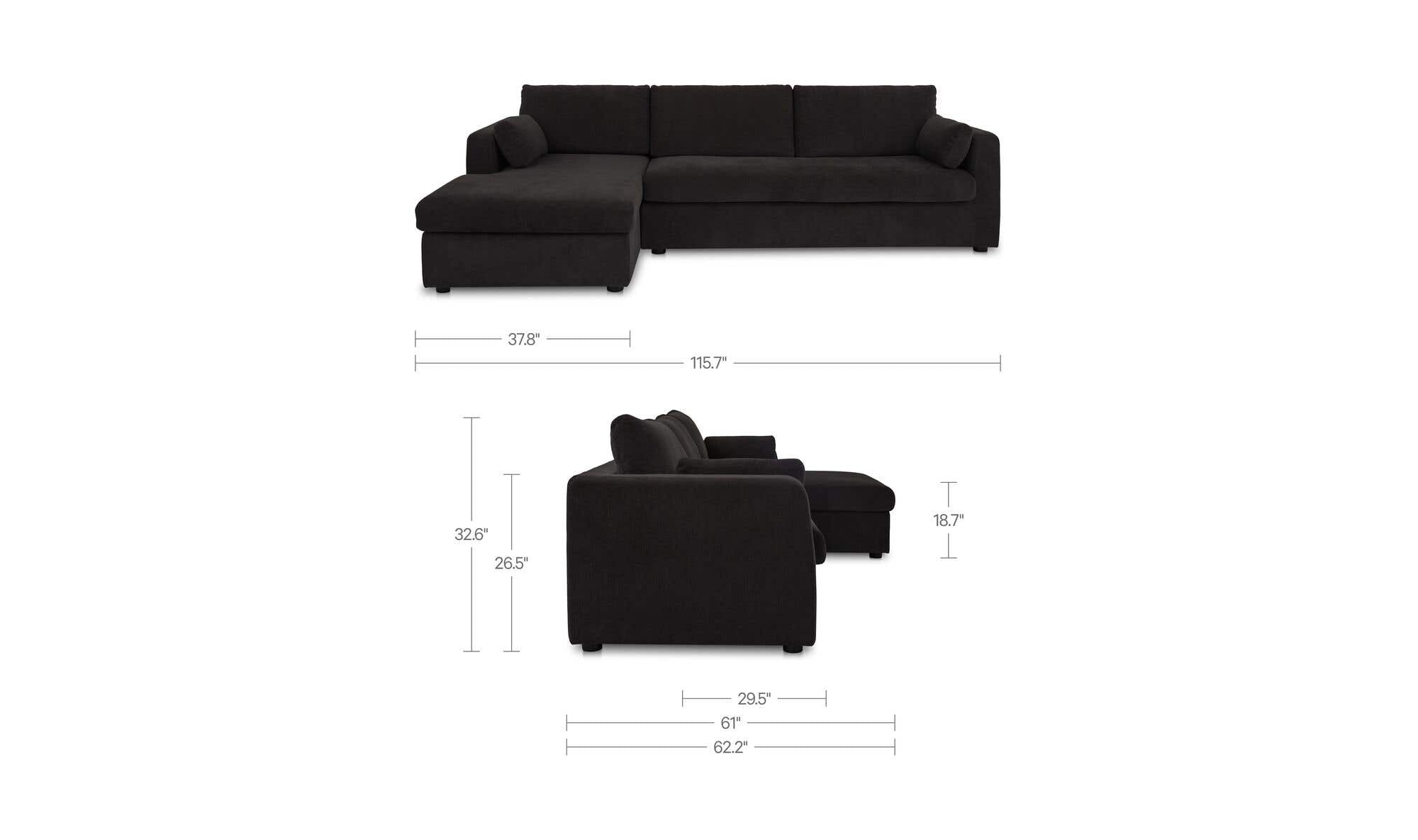 115.75" Black Upholstered Sleeper Storage Chaise Left Facing Sectional