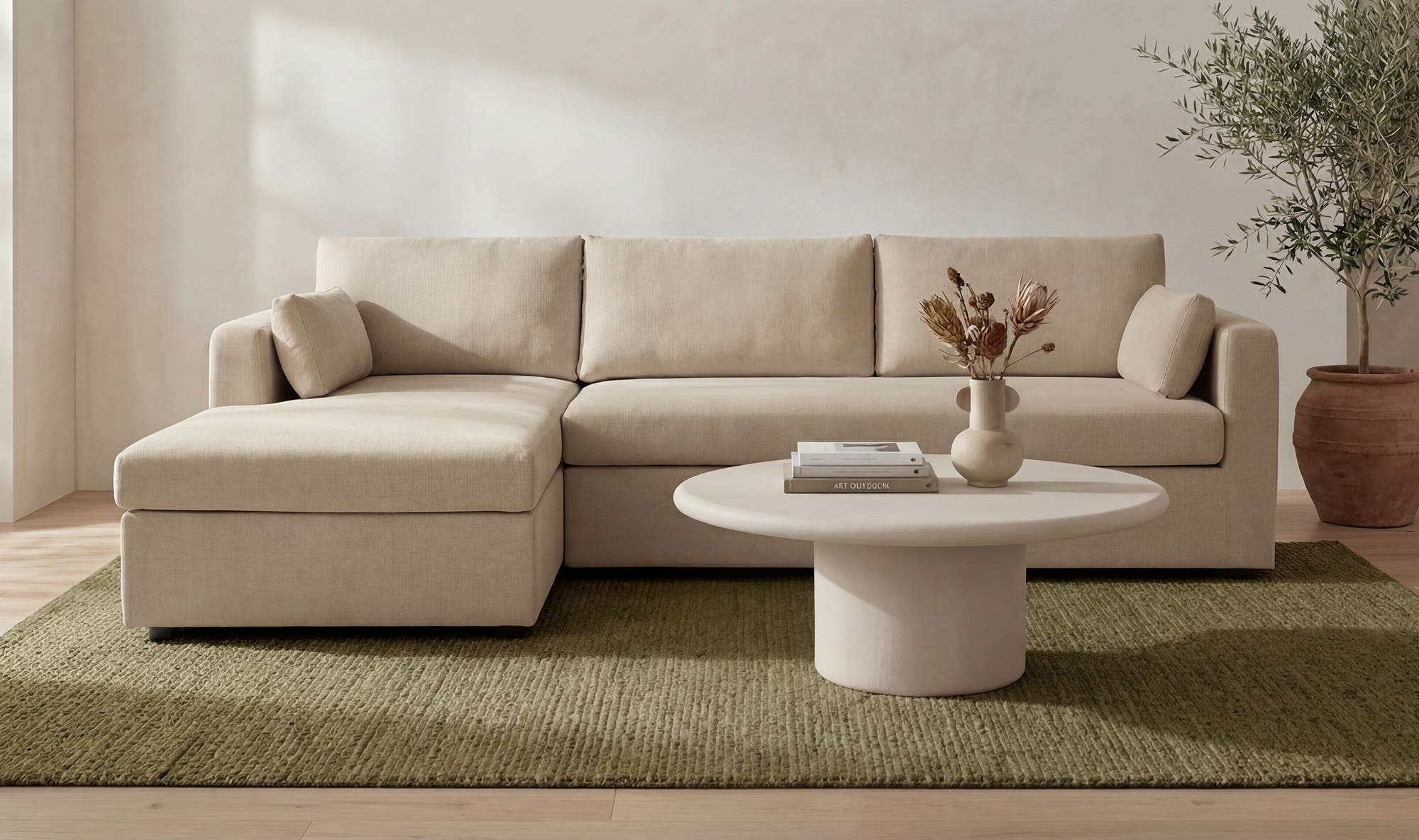 115.75" Sand Upholstered Sleeper Storage Chaise Left Facing Sectional