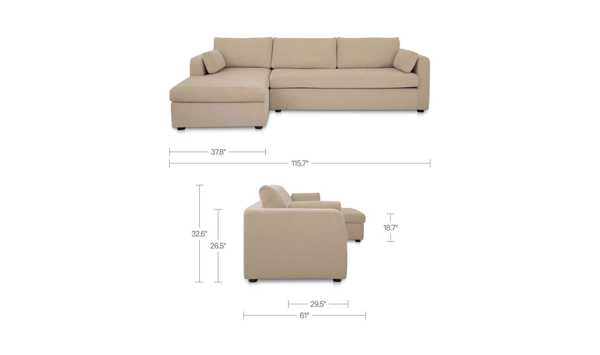 115.75" Sand Upholstered Sleeper Storage Chaise Left Facing Sectional