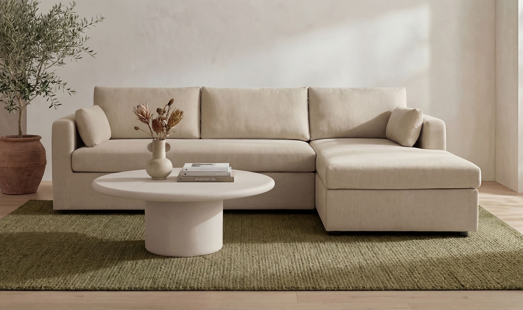 115.75" Sand Upholstered Sleeper Storage Chaise Right Facing Sectional