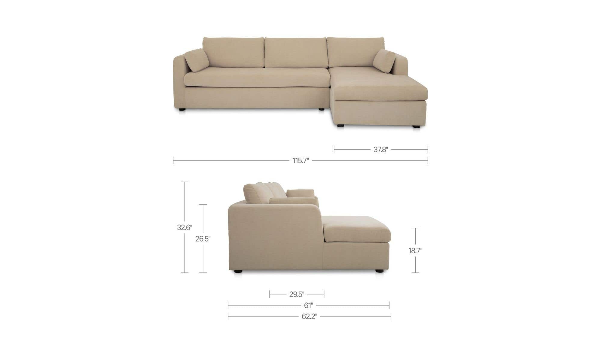 115.75" Sand Upholstered Sleeper Storage Chaise Right Facing Sectional