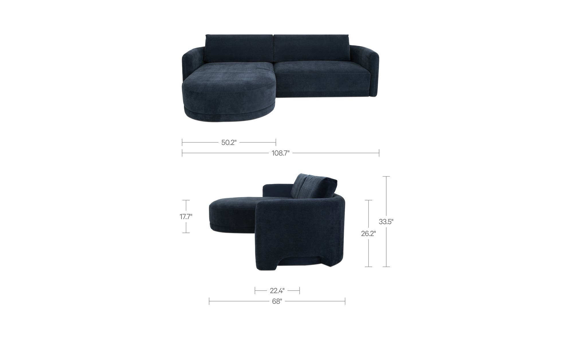 108.7" Dark Blue Upholstered Left Facing Sectional