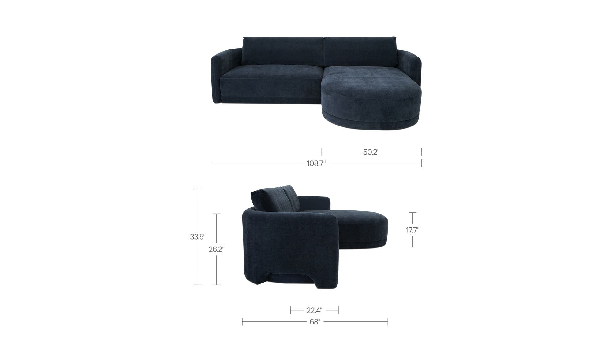 108.7" Dark Blue Upholstered Right Facing Sectional