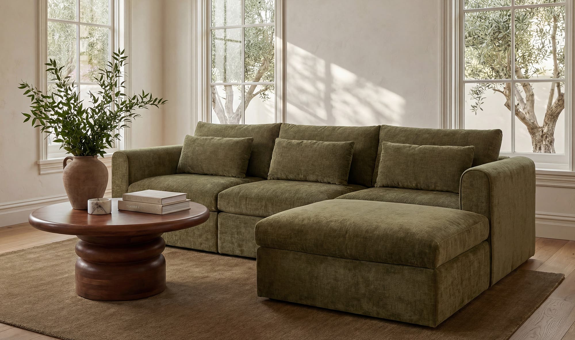 113.8" Dark Green Upholstered Lounge Modular Sectional