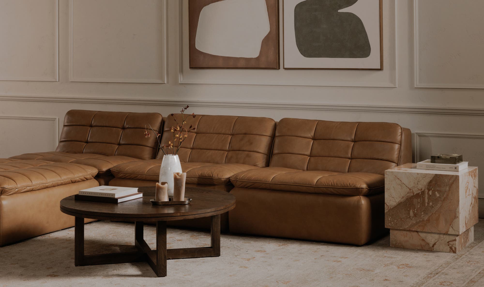 42.5" Tan Leather Slipper Chair