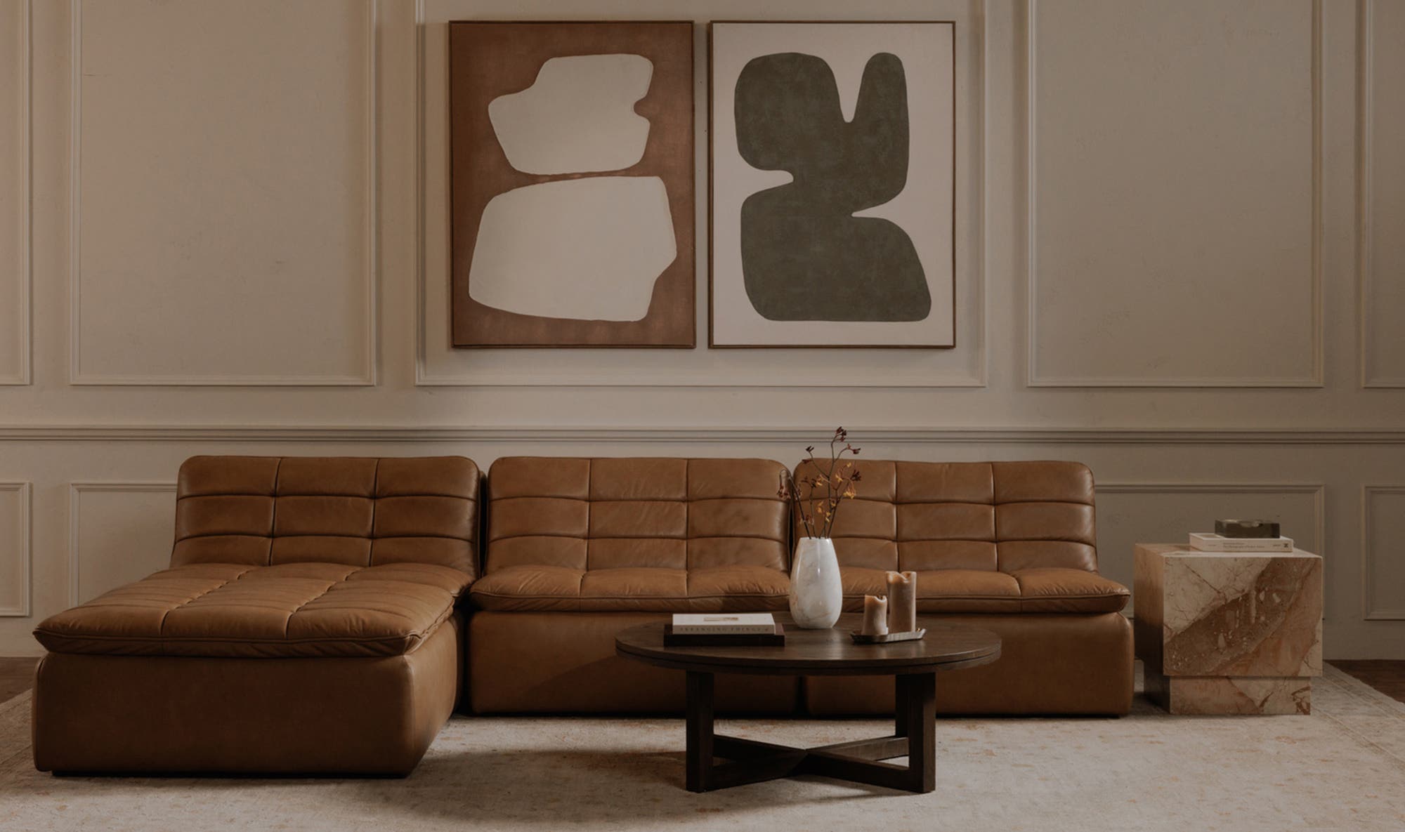 127.7" Tan Leather Modular Sofa