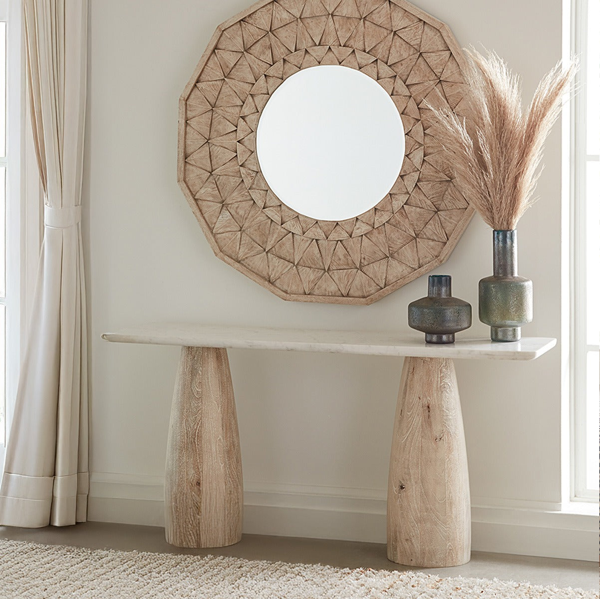60" White Marble and Whitewash Mango Wood Console Table