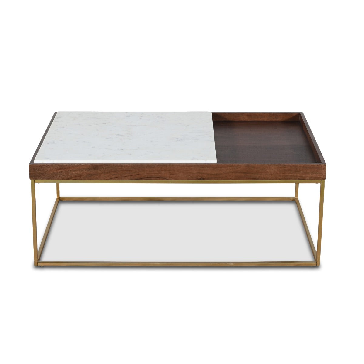 45" White Marble and Walnut Wood Coffee Table