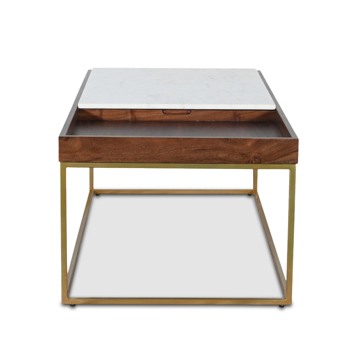 45" White Marble and Walnut Wood Coffee Table