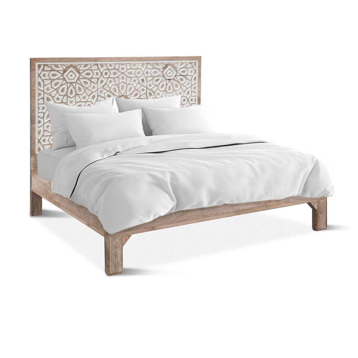 66" Carved Natural White Queen Size Bed