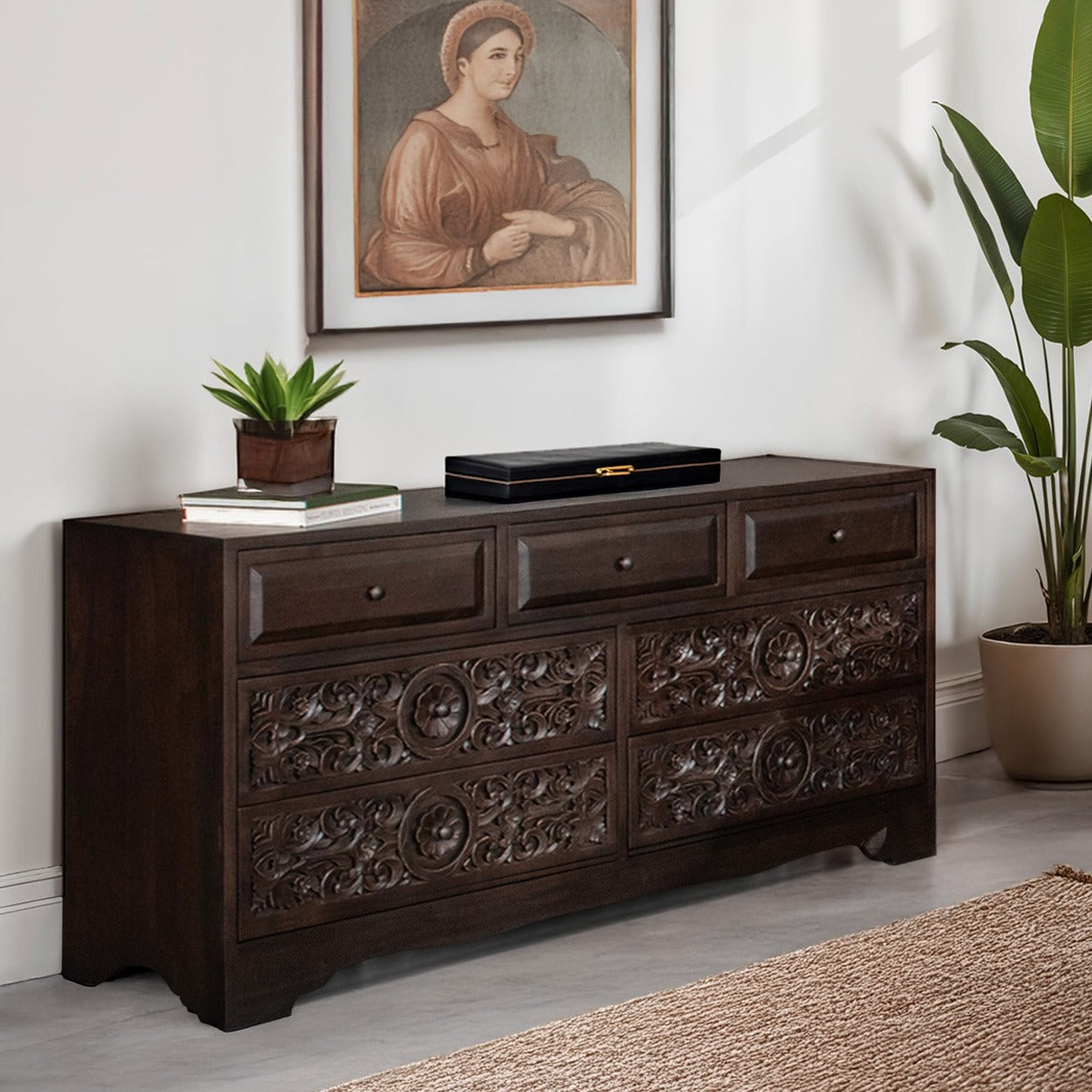 71" Hand-Carved Vintage Brown Dresser